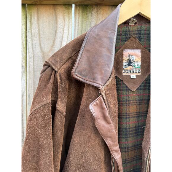 Vintage Suede Bomber Jacket Leather Collar Plaid Lining Brown Size M - Picture 6 of 10